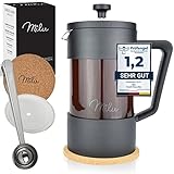 Milu French Press Kaffeebereiter | 350ml, 600ml, 1L | Glas Kaffeepresse, Kaffeezubereiter für Zuhause Reisen Camping inkl. Untersetzer, Löffel, Ersatzfilter (Schwarz, 350ml (2 Tassen)