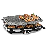 Cloer 6430 Raclette-Grill mit Naturstein, 1200 Watt, 8 Pfännchen antihaftbeschichtet mit wärmeisolierten Griffen, Ganze Platte