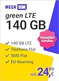 Mega SIM green LTE 140 GB – Handyvertrag im Telefonica Netz mit Internet Flat, Flat Telefonie und EU-Roaming – Monatlich kündbar – Aktivierungscode per E-Mail
