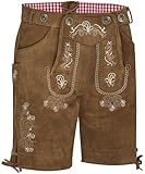 KOSMEEU Lederhose Herren Tracht Kurz Trachtenhose Trachtenlederhosen Lederhosen Oktoberfest Mann Braun bayrische Trachten Hose Trachtenmode mit Hosenträger 46